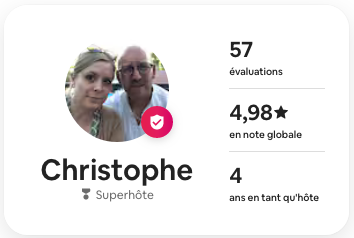Profil Airbnb de Christophe, Superhôte : 57 évaluations, note globale 4,98 sur 5, 4 ans en tant qu'hôte