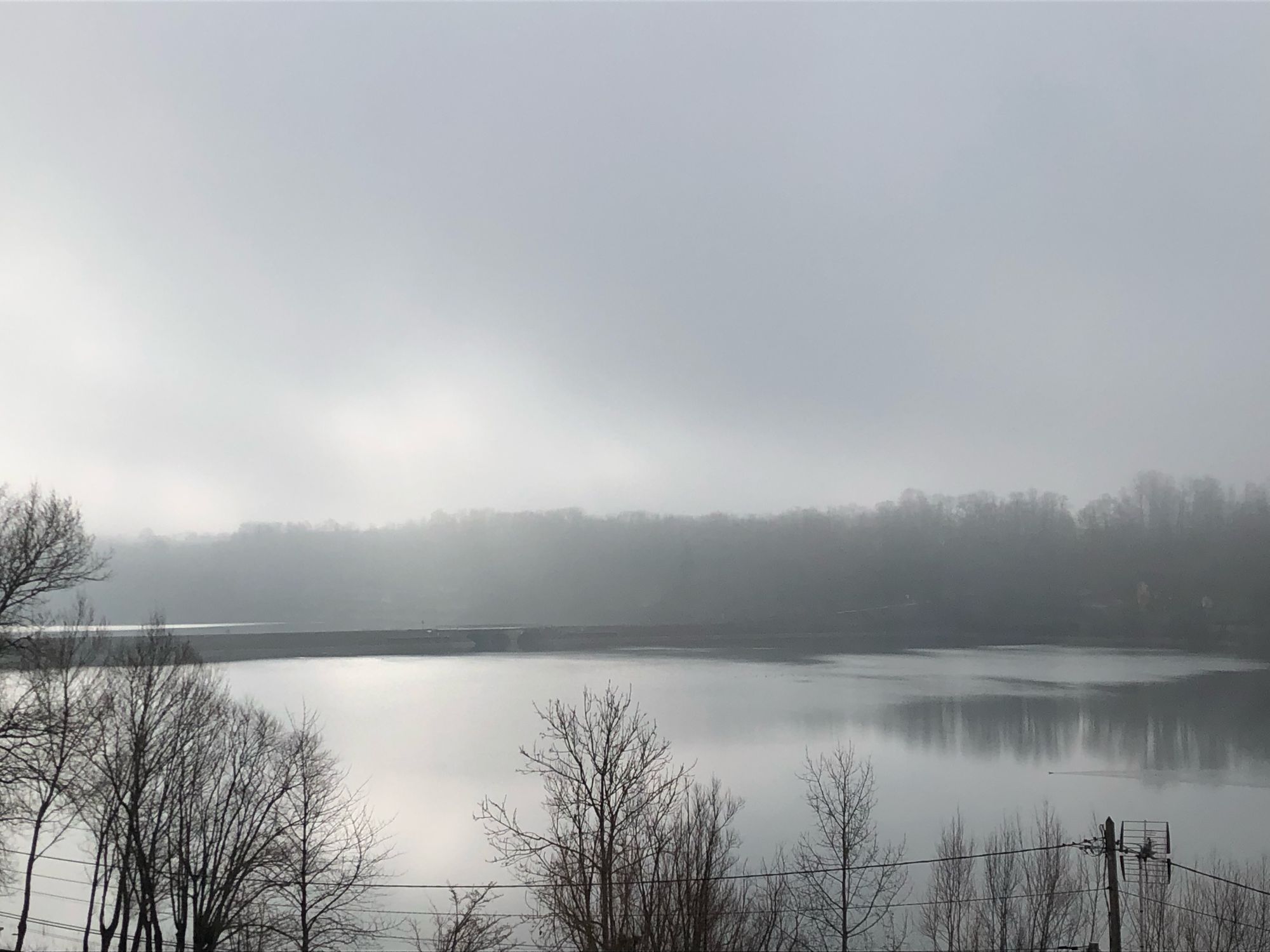 Le lac dans la brume, vu depuis la terrasse